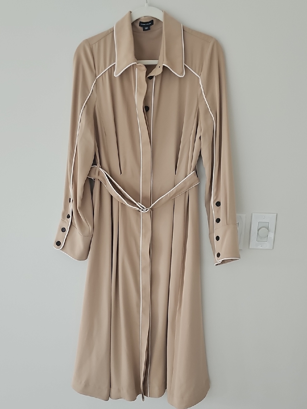 Karen Millen Tan Long Button Down Dress With Ivory Piping And Belt Size Us10